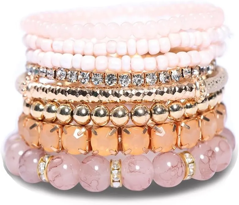 Pingyongchang Stackable MultiLayer Bohemian Crystal Bead Bracelets Set for Women Handmade Colorful Gold Beads Natural Stone String Stretch Bangles Friendship Holiday Beach Anklets Jewelry 8 pieces