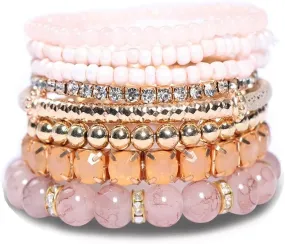 Pingyongchang Stackable MultiLayer Bohemian Crystal Bead Bracelets Set for Women Handmade Colorful Gold Beads Natural Stone String Stretch Bangles Friendship Holiday Beach Anklets Jewelry 8 pieces