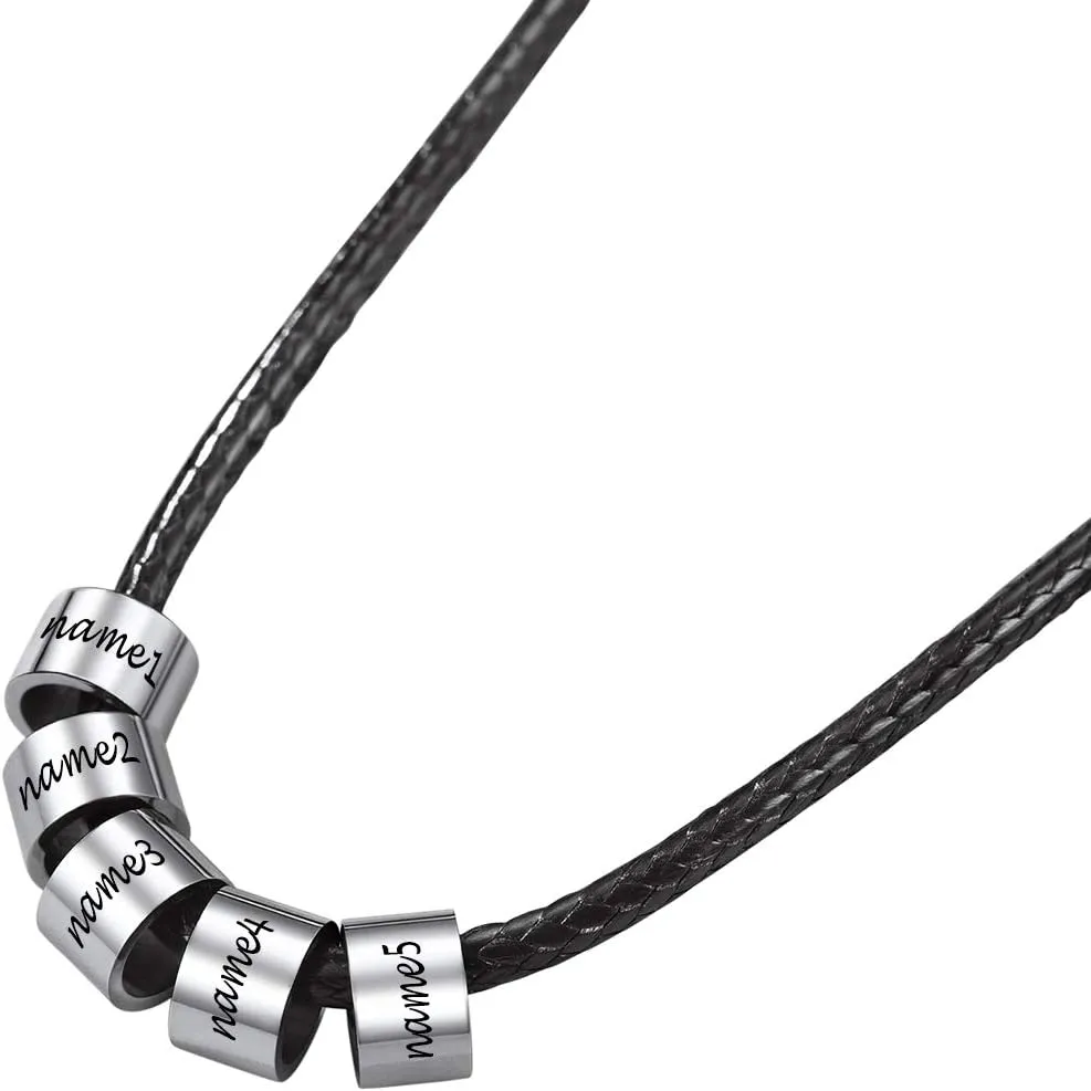 PROSTEEL Customized Name Beads Black Leather Necklace, BFF Jewelry, Family Personalized Necklace, 16"/18"/20"/24", Come with Box