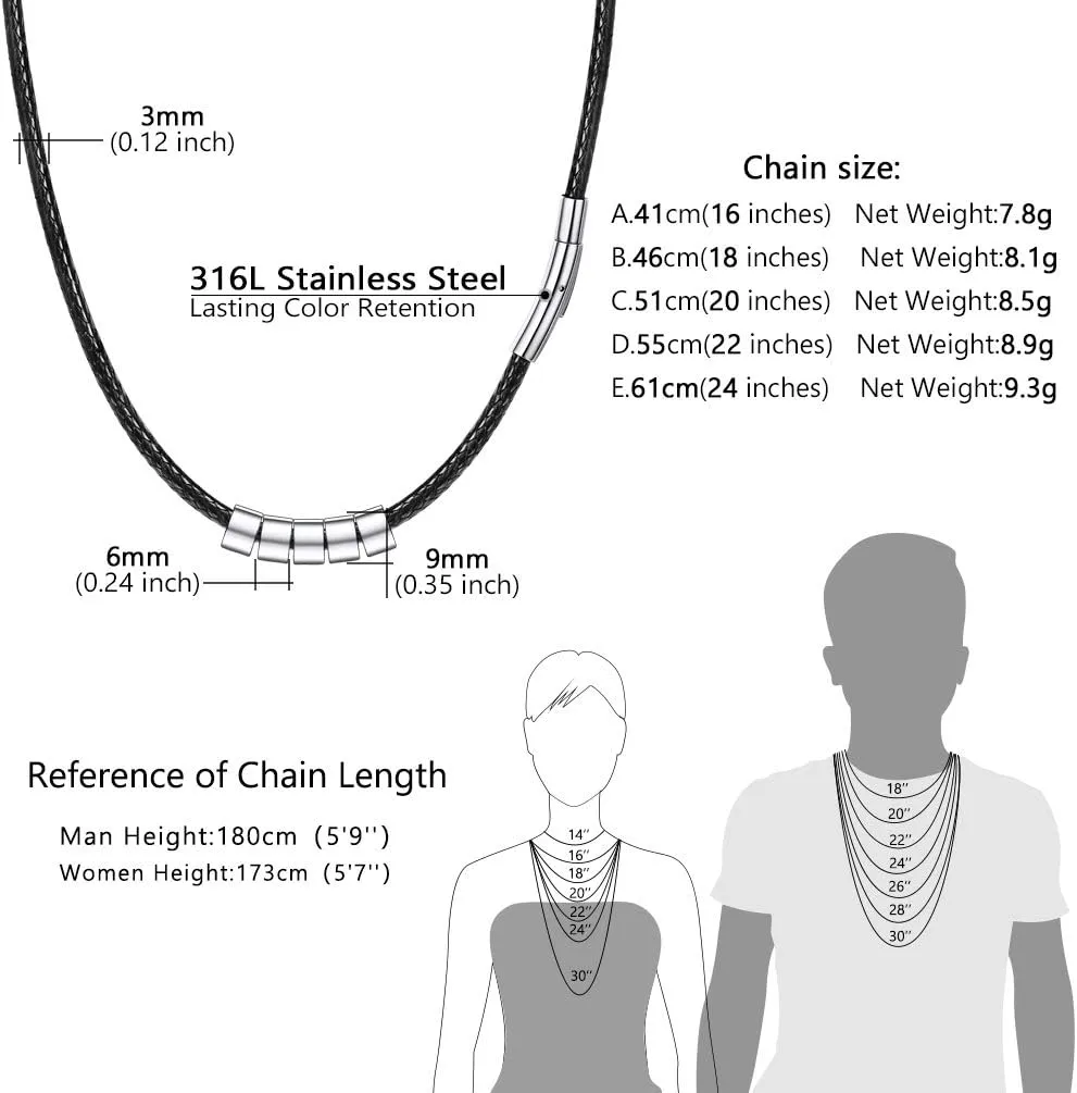 PROSTEEL Customized Name Beads Black Leather Necklace, BFF Jewelry, Family Personalized Necklace, 16"/18"/20"/24", Come with Box