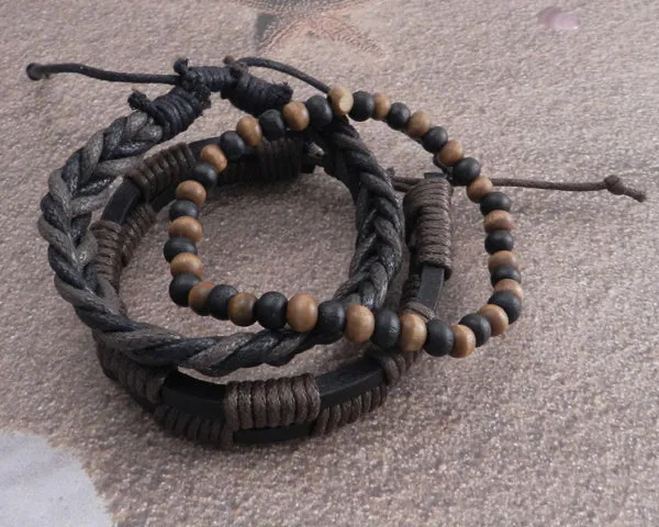 Rope Sliders & Wood Bead Bracelet 3 pack Brown