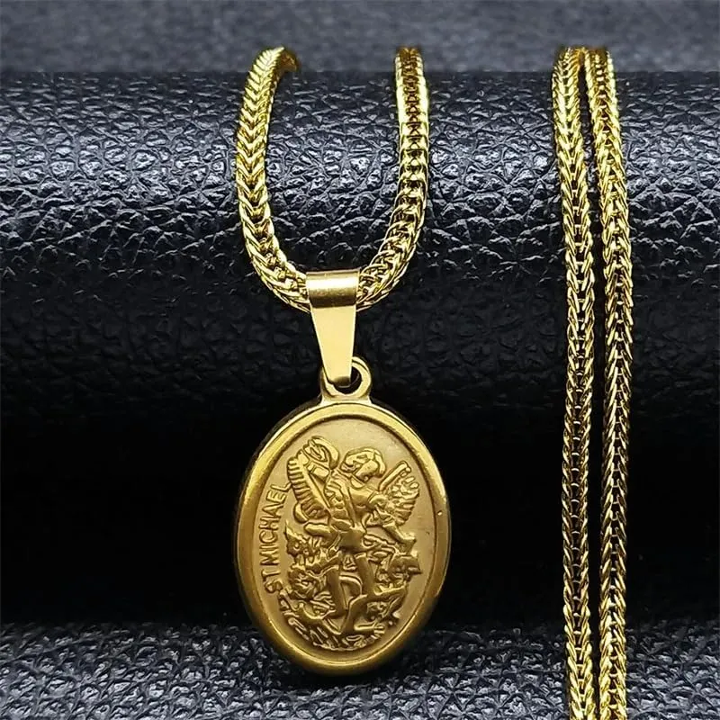St. Michael Archangel Necklace 14k Yellow Gold Saint Michael pendant Protect Me Saint Angel Miguel Necklaces Jewelry Blessed St. Michael archangel Medal Prayer Micheal Angel For Women, Men, Ladies