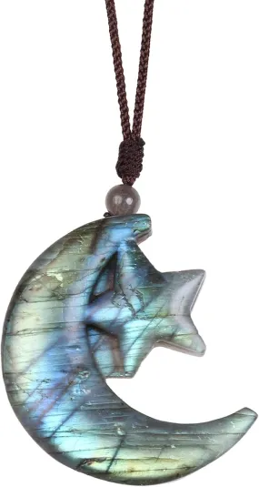 SUNYIK Natural Labradorite Pendant Necklace for Men Women, Irregular Labradorite Stone Necklace for Unisex with Nylon Rope Adjustable 18-31''