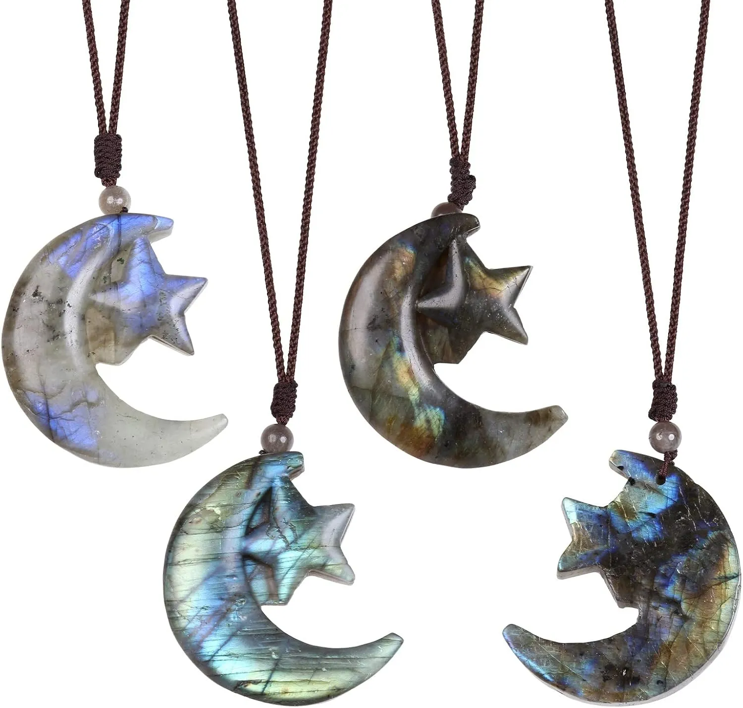SUNYIK Natural Labradorite Pendant Necklace for Men Women, Irregular Labradorite Stone Necklace for Unisex with Nylon Rope Adjustable 18-31''