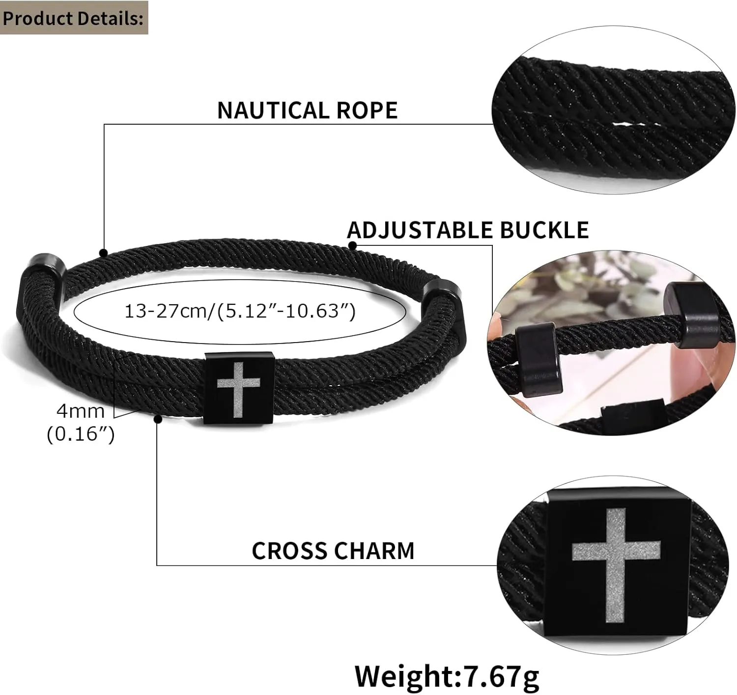 TempBeau Braided Men Rope Cross Bracelet - Adjustable Tree of Life Cord Surfing Bracelet, Handmade Nautical Navy Marine String Bracelet with Metal Knot, Easter Women Bracelets Gifts