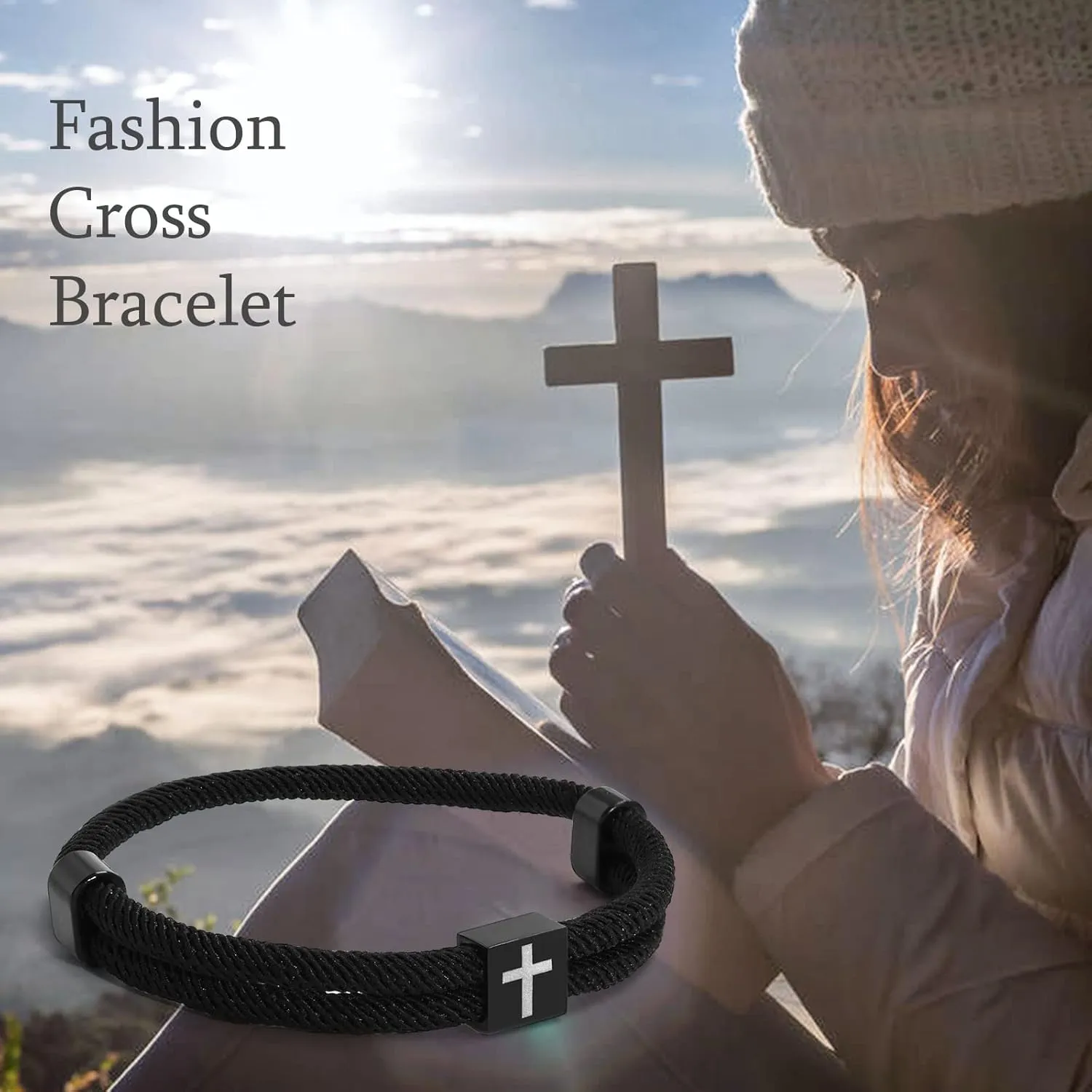 TempBeau Braided Men Rope Cross Bracelet - Adjustable Tree of Life Cord Surfing Bracelet, Handmade Nautical Navy Marine String Bracelet with Metal Knot, Easter Women Bracelets Gifts