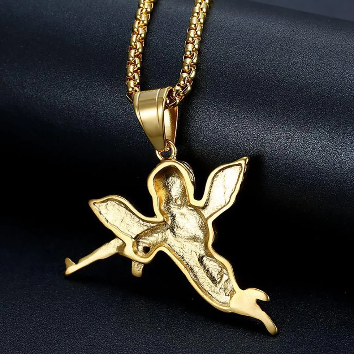 Titanium Steel Pray Angel Necklace Fashion Chain Trendy Cute Pendant Men Metal Jewelry Silver