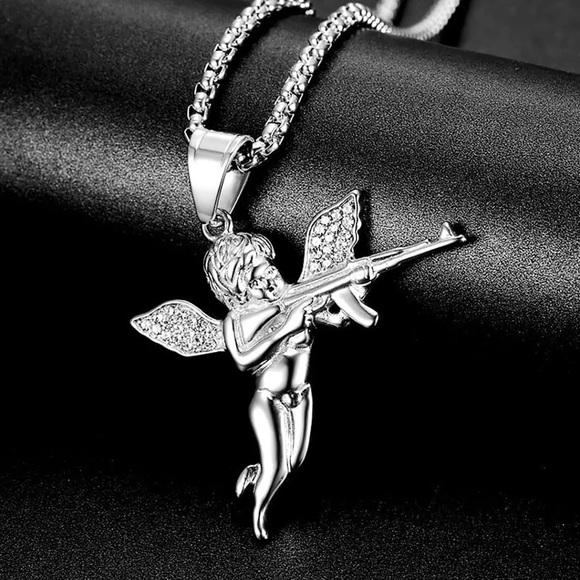 Titanium Steel Pray Angel Necklace Fashion Chain Trendy Cute Pendant Men Metal Jewelry Silver