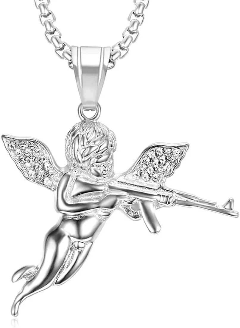 Titanium Steel Pray Angel Necklace Fashion Chain Trendy Cute Pendant Men Metal Jewelry Silver