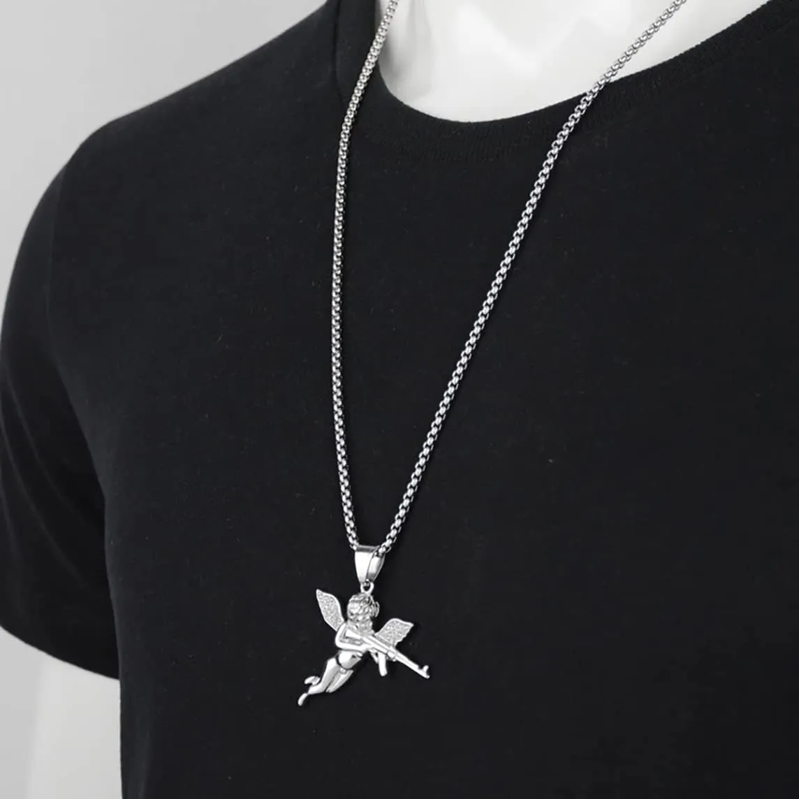 Titanium Steel Pray Angel Necklace Fashion Chain Trendy Cute Pendant Men Metal Jewelry Silver
