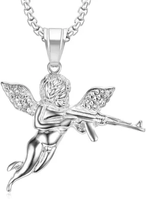 Titanium Steel Pray Angel Necklace Fashion Chain Trendy Cute Pendant Men Metal Jewelry Silver
