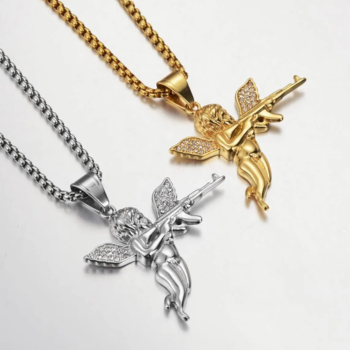 Titanium Steel Pray Angel Necklace Fashion Chain Trendy Cute Pendant Men Metal Jewelry Silver