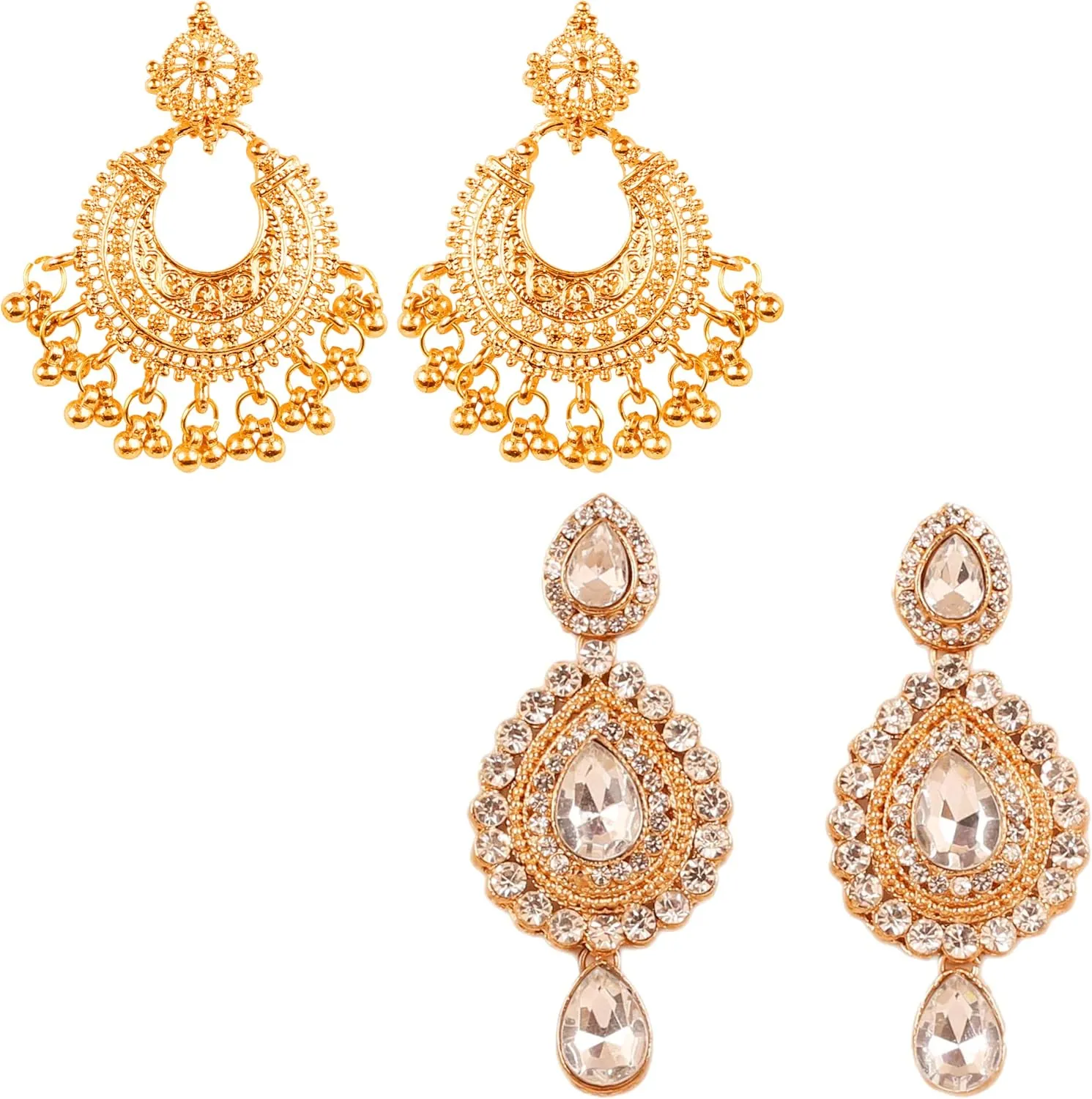 Touchstone Indian Bollywood Rhinestone Designer Jewelry Chandelier Earrings In Gold Tone With Diamond Look White Rhinestone Designer Jewelry Chandelier Earrings In Antique Gold Tone For Women.