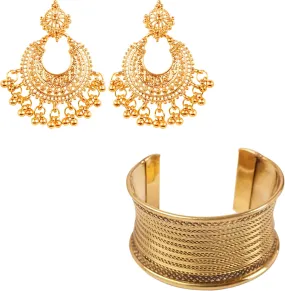 Touchstone Indian Bollywood Rhinestone Designer Jewelry Chandelier Earrings In Gold Tone With Workmanship Finely Placed Hammered Wire Stylish Cuff Bracelet In Antique Gold Tone For Women.
