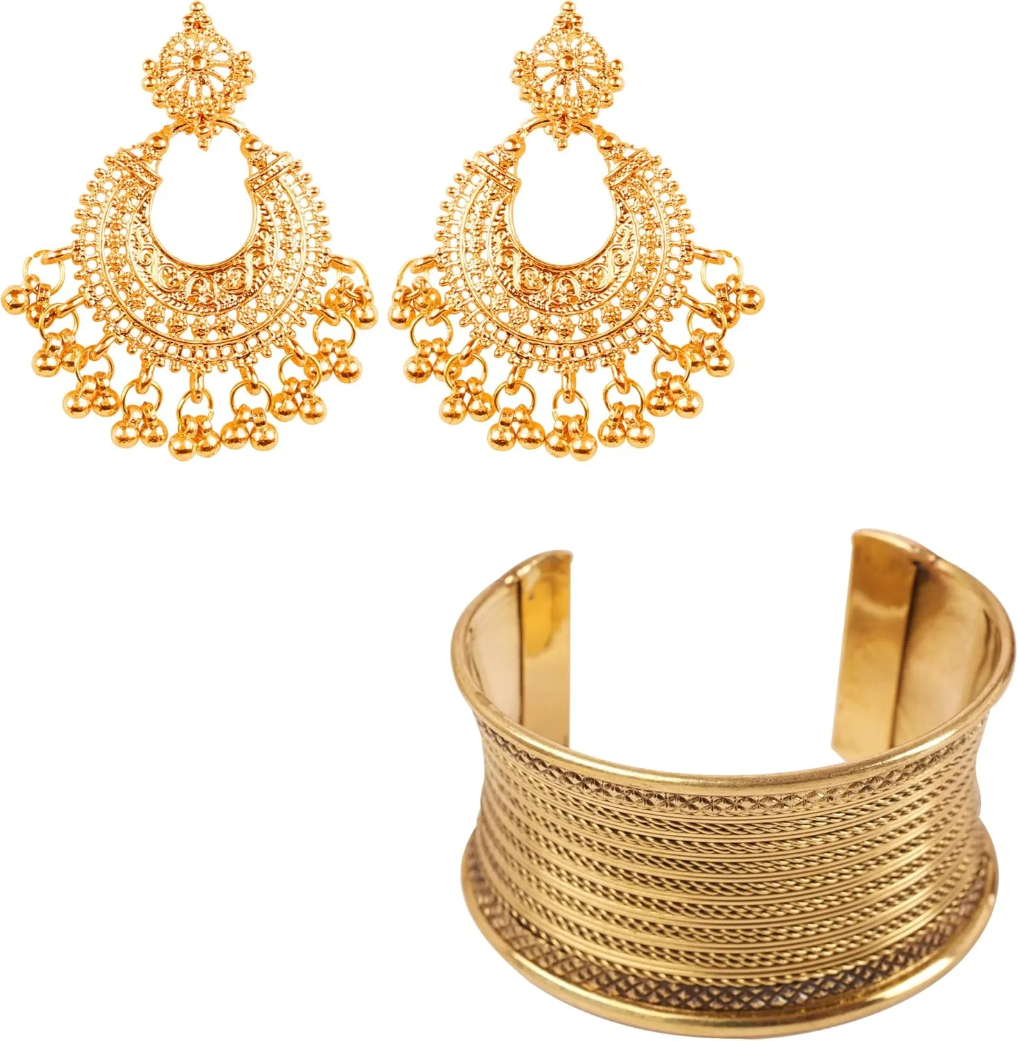 Touchstone Indian Bollywood Rhinestone Designer Jewelry Chandelier Earrings In Gold Tone With Workmanship Finely Placed Hammered Wire Stylish Cuff Bracelet In Antique Gold Tone For Women.