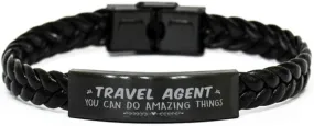 Travel Agent Braided Leather Bracelet, You can do Amazing Things, Laser Engraved, Stainless Steel Wristband