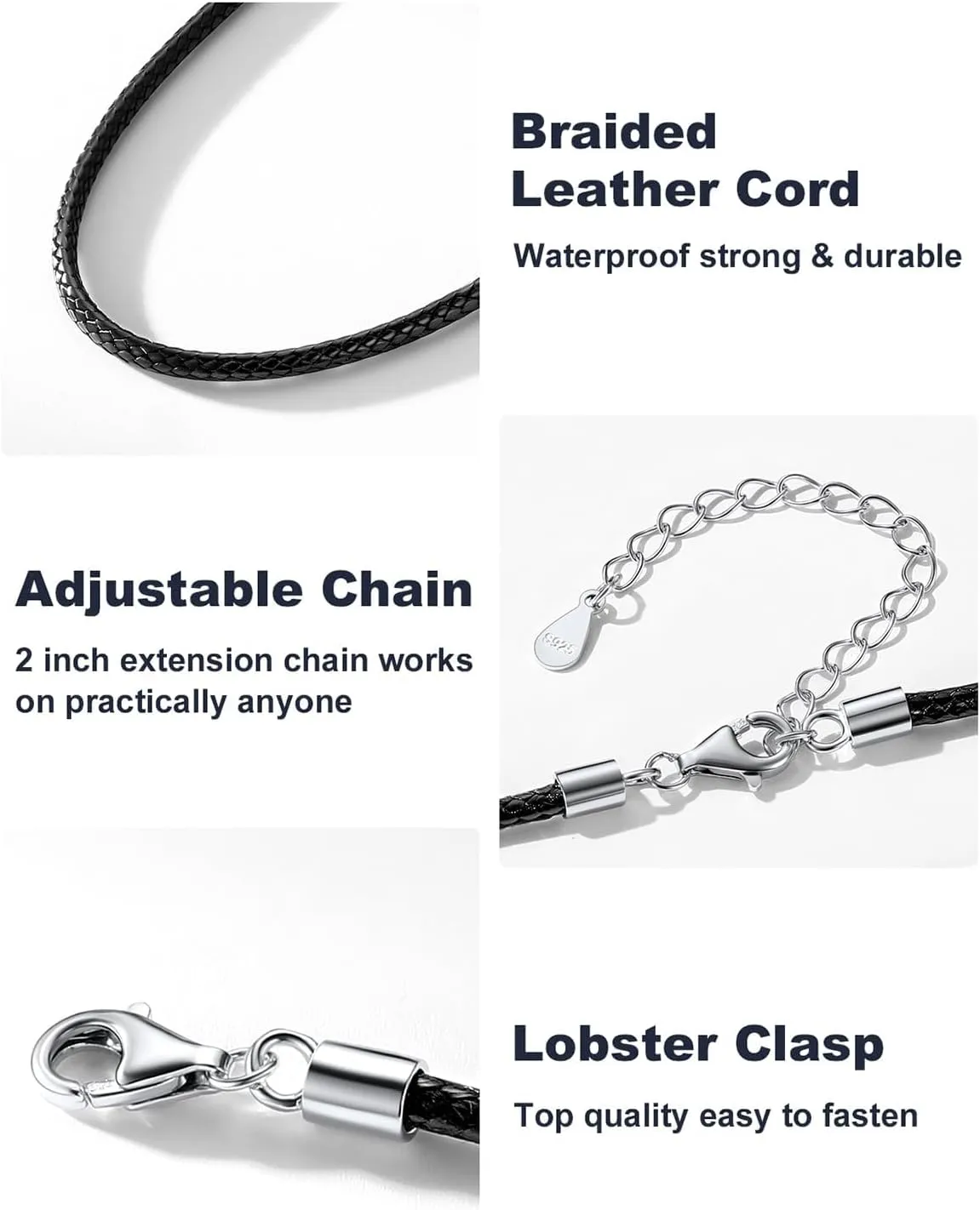 U7 1MM/2MM Black Leather Necklace for Women Men, Leather Cord Necklace with 925 Sterling Silver Clasp, 16-28 Inches