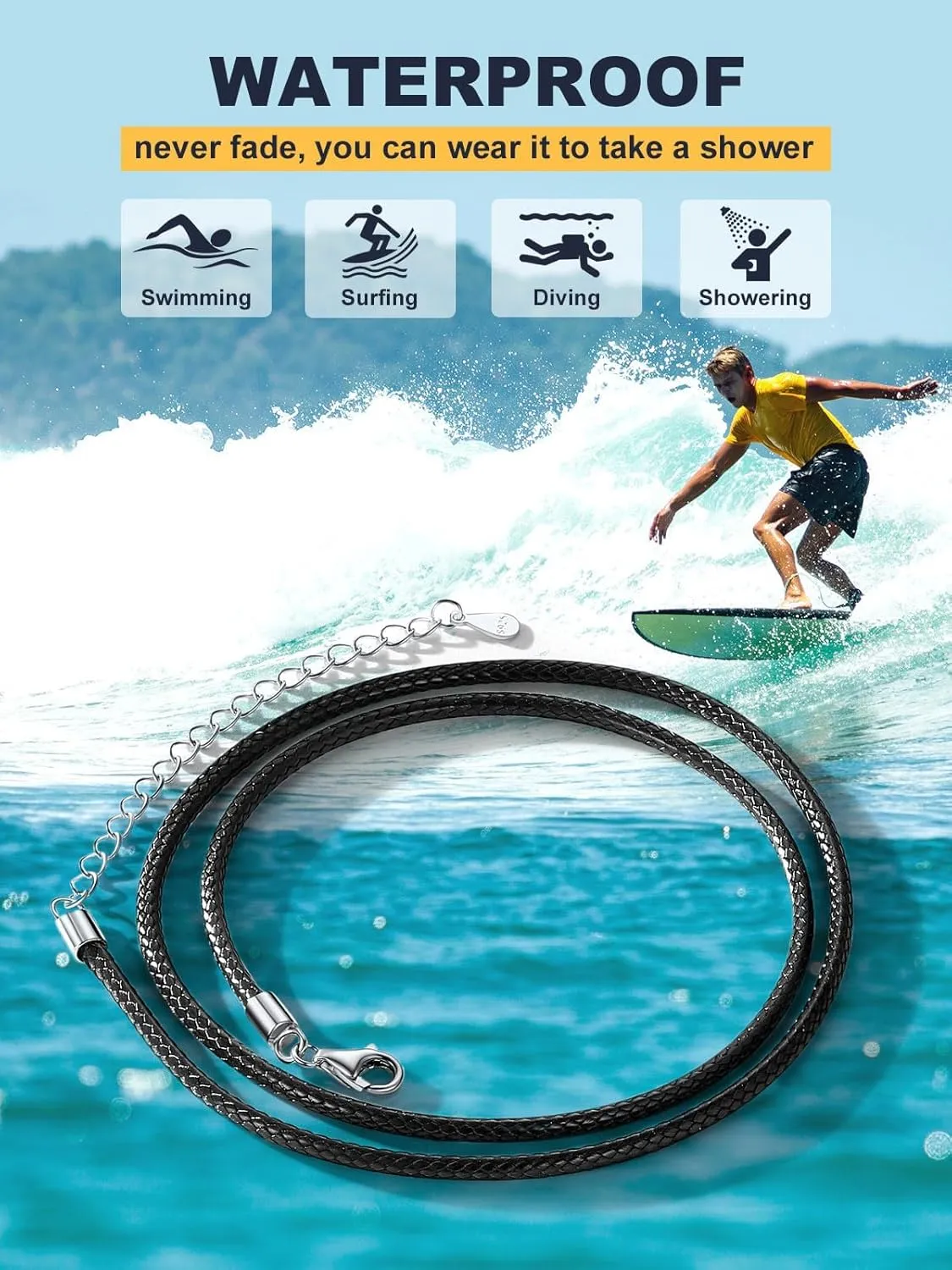 U7 1MM/2MM Black Leather Necklace for Women Men, Leather Cord Necklace with 925 Sterling Silver Clasp, 16-28 Inches