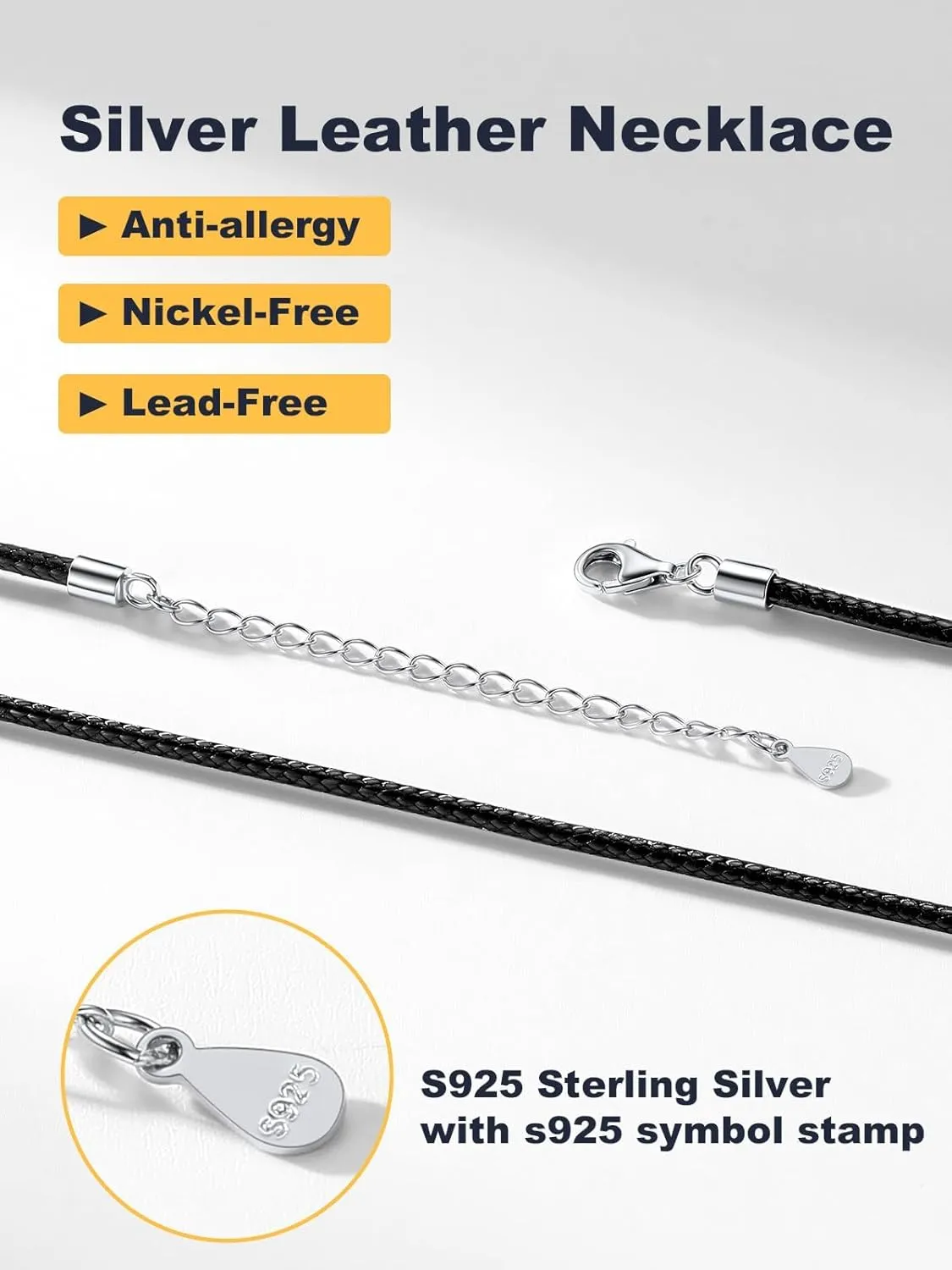U7 1MM/2MM Black Leather Necklace for Women Men, Leather Cord Necklace with 925 Sterling Silver Clasp, 16-28 Inches
