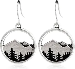 Vintage Mountain Valley Sunset Landscape Earrings Retro Silver Full Moon over Snow Mountains Earrings with Tree for Women Hikers Outdoor Lovers Jewelry Gifts
