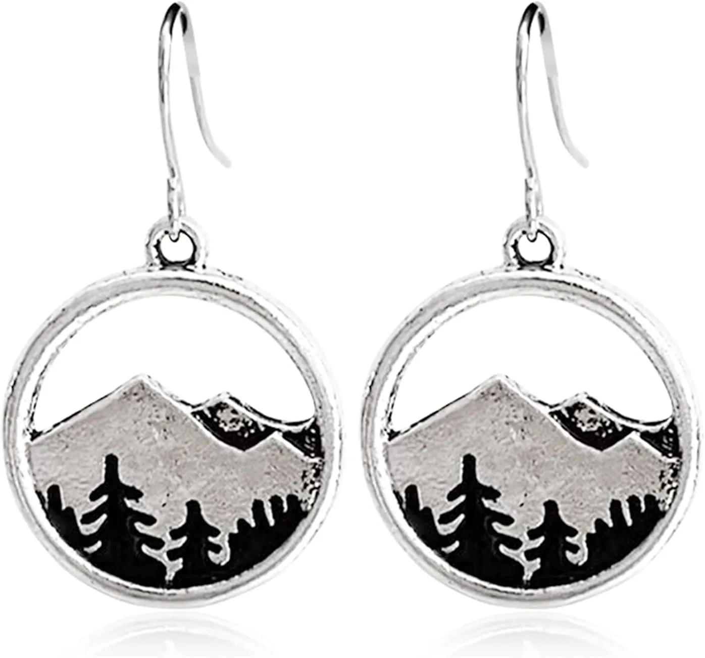 Vintage Mountain Valley Sunset Landscape Earrings Retro Silver Full Moon over Snow Mountains Earrings with Tree for Women Hikers Outdoor Lovers Jewelry Gifts