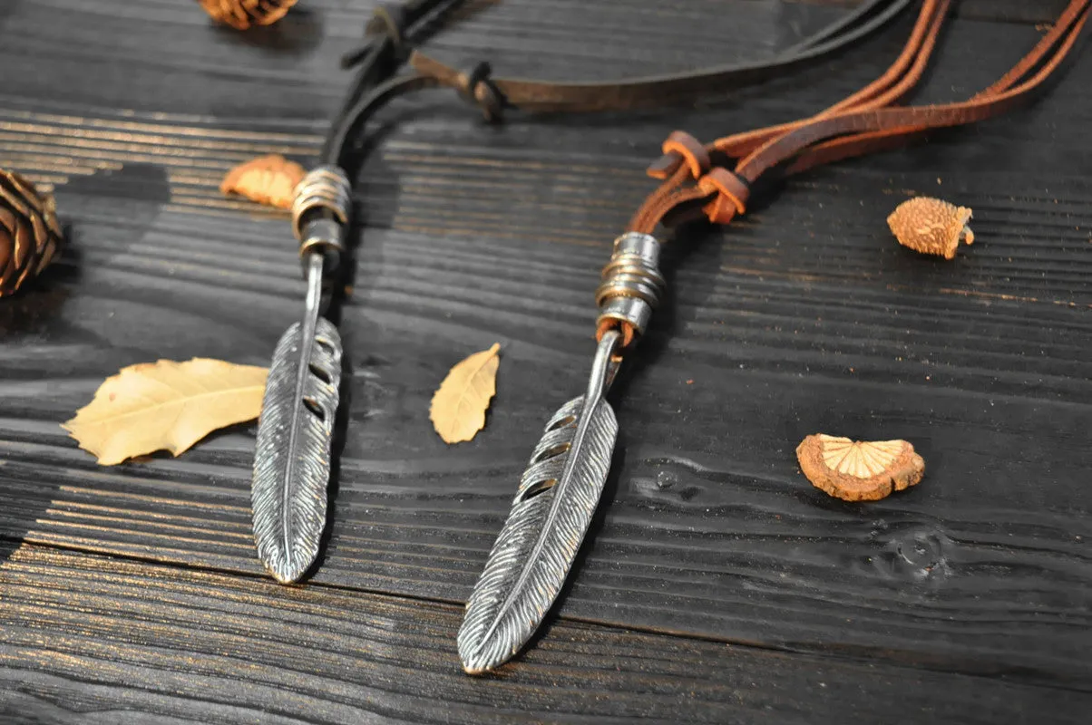 Vintage punk angel wings pendant men/women cowhide rope alloy feather necklace