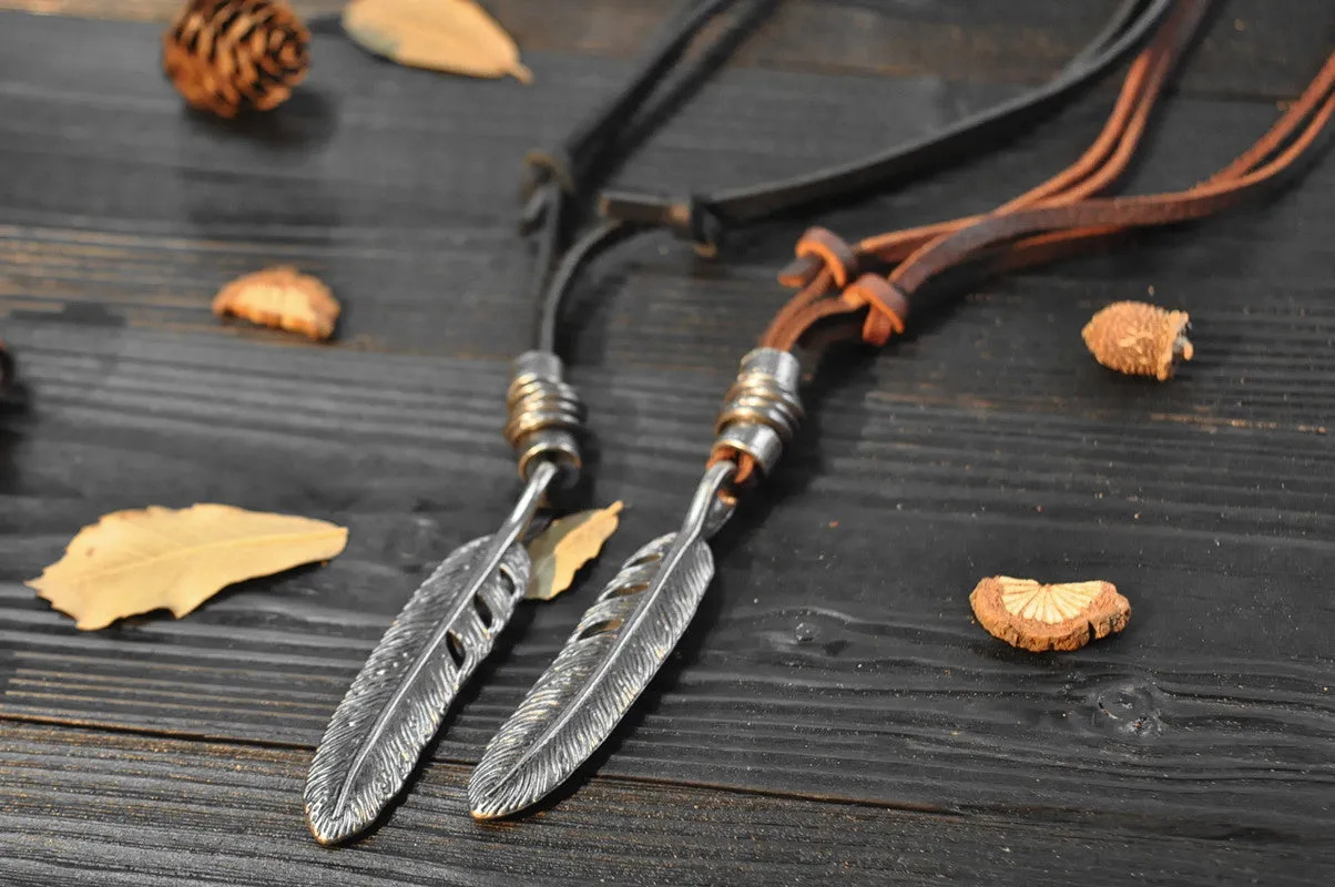 Vintage punk angel wings pendant men/women cowhide rope alloy feather necklace