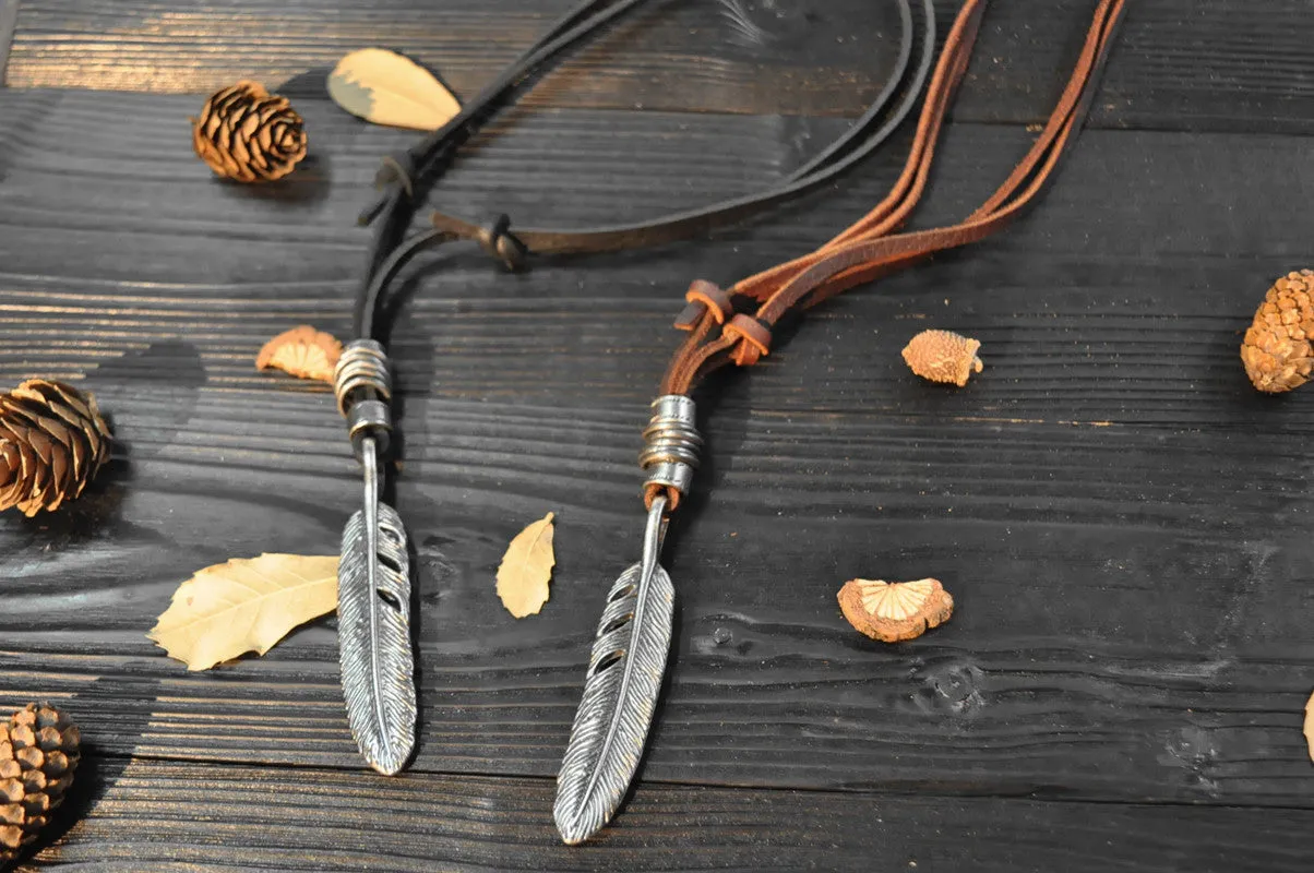 Vintage punk angel wings pendant men/women cowhide rope alloy feather necklace