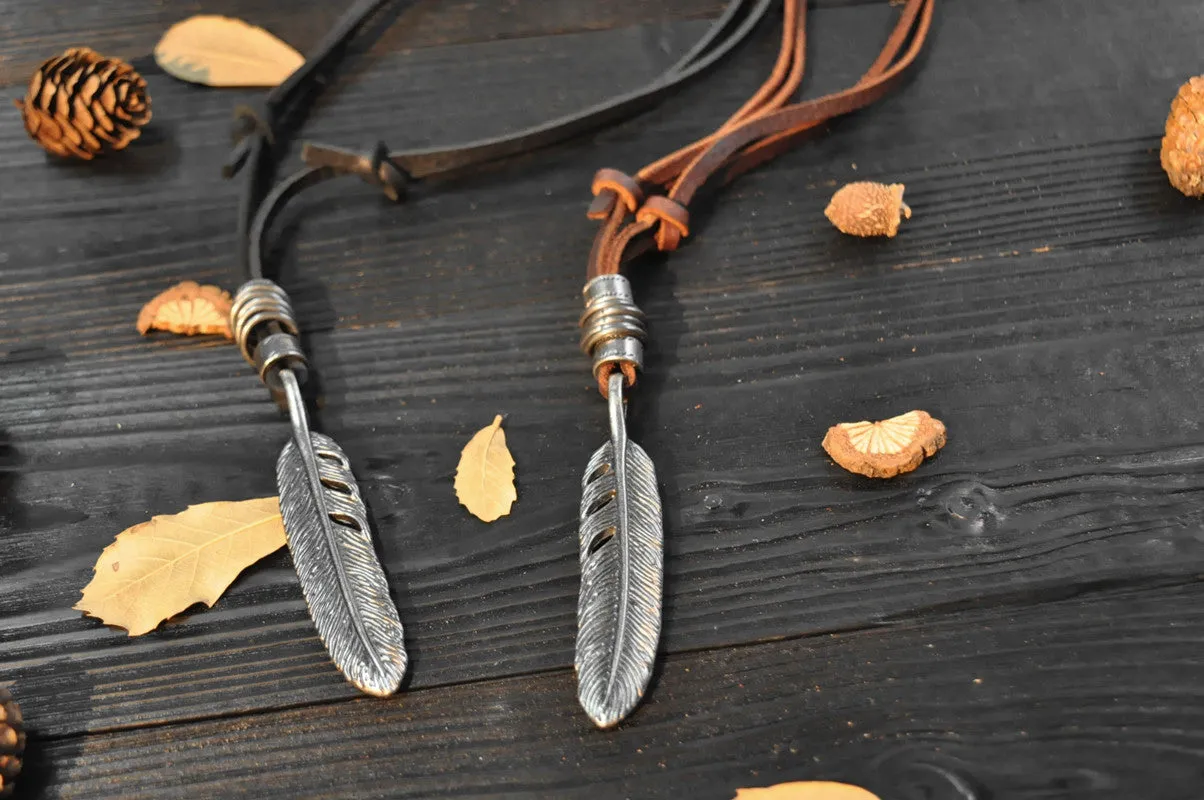 Vintage punk angel wings pendant men/women cowhide rope alloy feather necklace