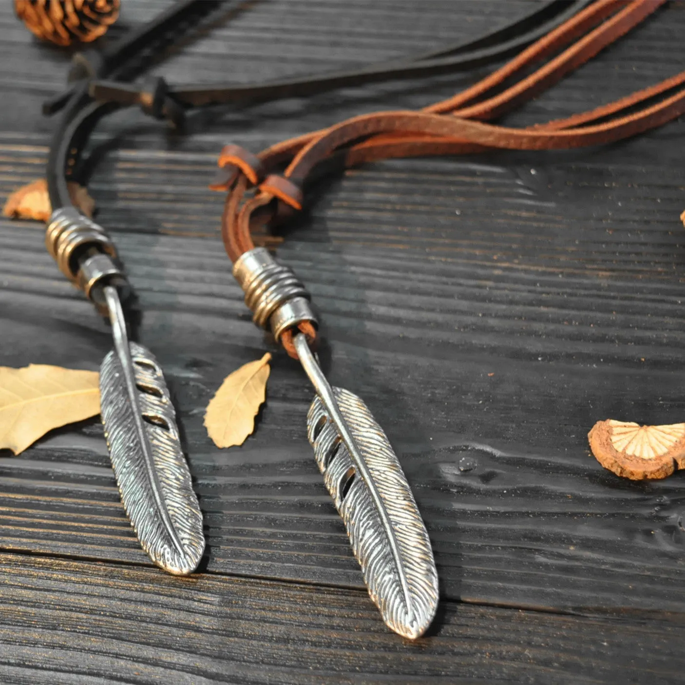 Vintage punk angel wings pendant men/women cowhide rope alloy feather necklace