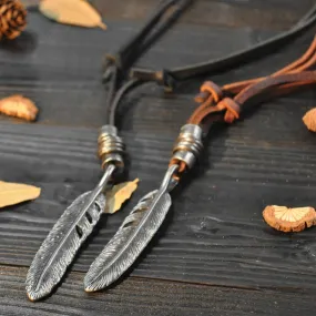 Vintage punk angel wings pendant men/women cowhide rope alloy feather necklace