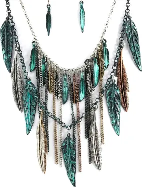 Western Peak Bohemian Tritone Tassels Metal Feathers Necklace with Earrings