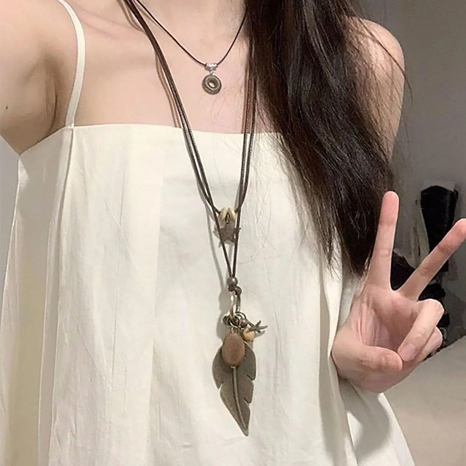 Womens Pendant Necklace Wood Handmade Jewelry Long Rope Sweater Necklace for Woman New Years Gift For Women Valentines Gift