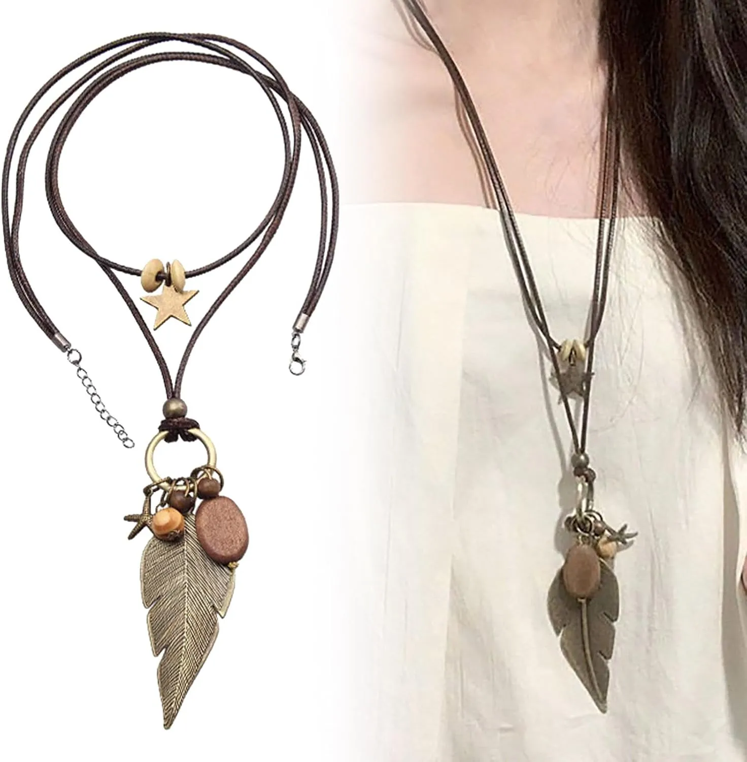 Womens Pendant Necklace Wood Handmade Jewelry Long Rope Sweater Necklace for Woman New Years Gift For Women Valentines Gift
