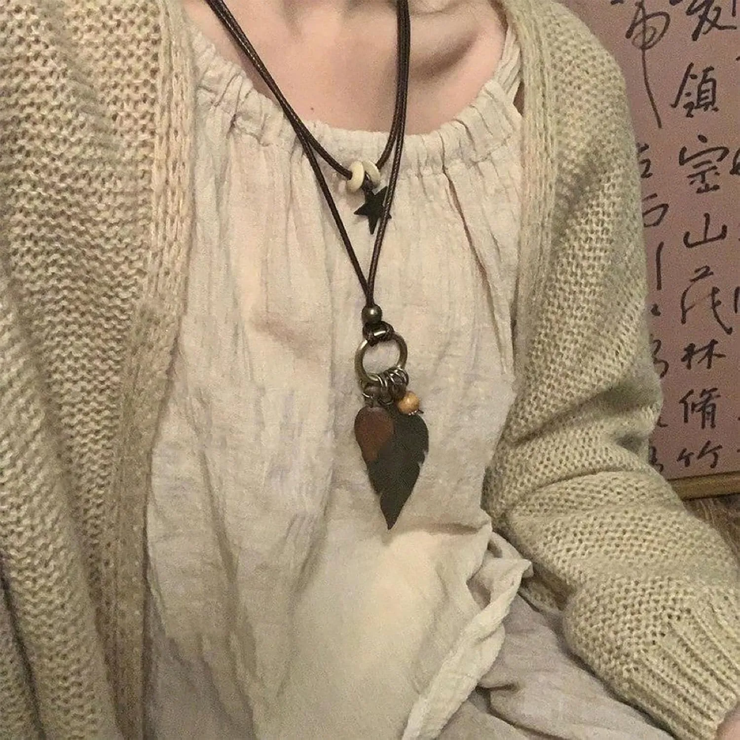 Womens Pendant Necklace Wood Handmade Jewelry Long Rope Sweater Necklace for Woman New Years Gift For Women Valentines Gift