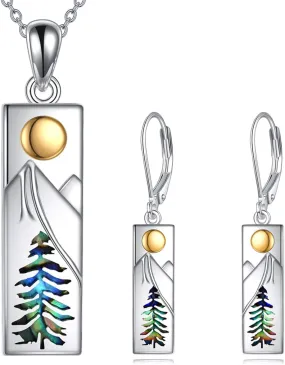 YFN Mountain Necklace Earrings 925 Sterling Silver Abalone Dangle Drop Earrings Mountain Jewelry Gift for Skiers, Hikers, Campers, Climbers and Nature Lovers